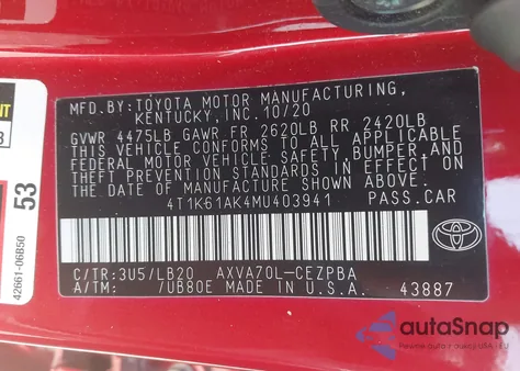 2021 Toyota Camry Xse из США, поврежденный, VIN 4T1K61AK4MU403941